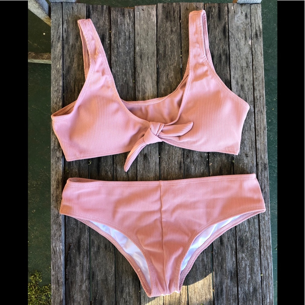 Knot Front Textured Bikini Set